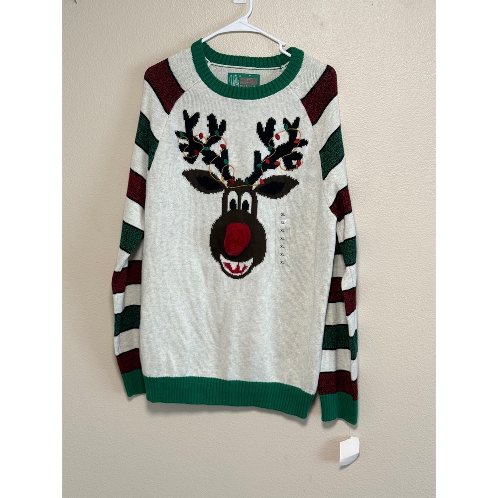 Ugly Christmas Sweater Mens XL Reindeer 3D Pom Nose Striped Sleeve SYP6-1925BJCP